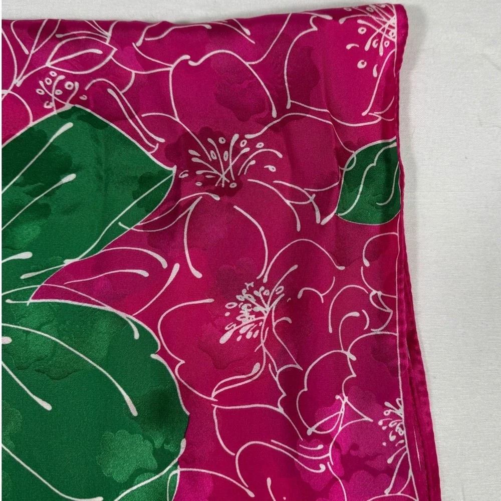 Ginnie Johnson Pink Hibiscus Floral Silk‎ Scarf Tropical Botanical Signed 61x11